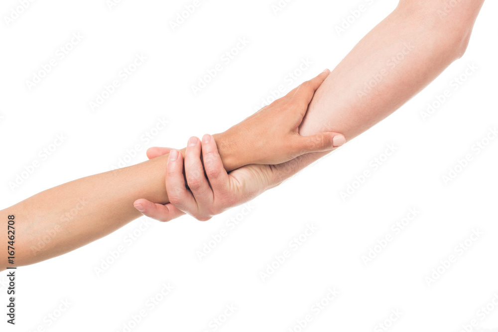 'Cropped view human hands holding each other, isolated on white
