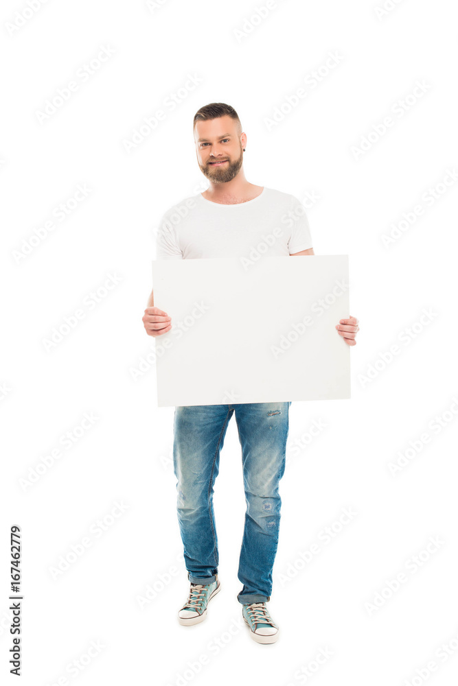 'Handsome bearded man holding blank banner, isolated on white 'Handsome bearded man holding blank banner, isolated on white