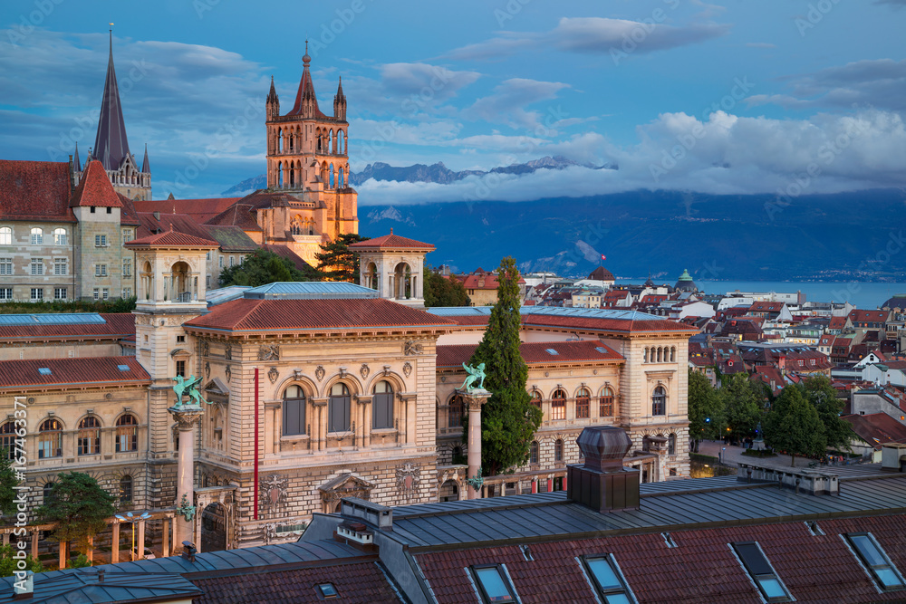 City of Lausanne. Cityscape image of downtown Lausanne, Switzerland during twilight blue hour.