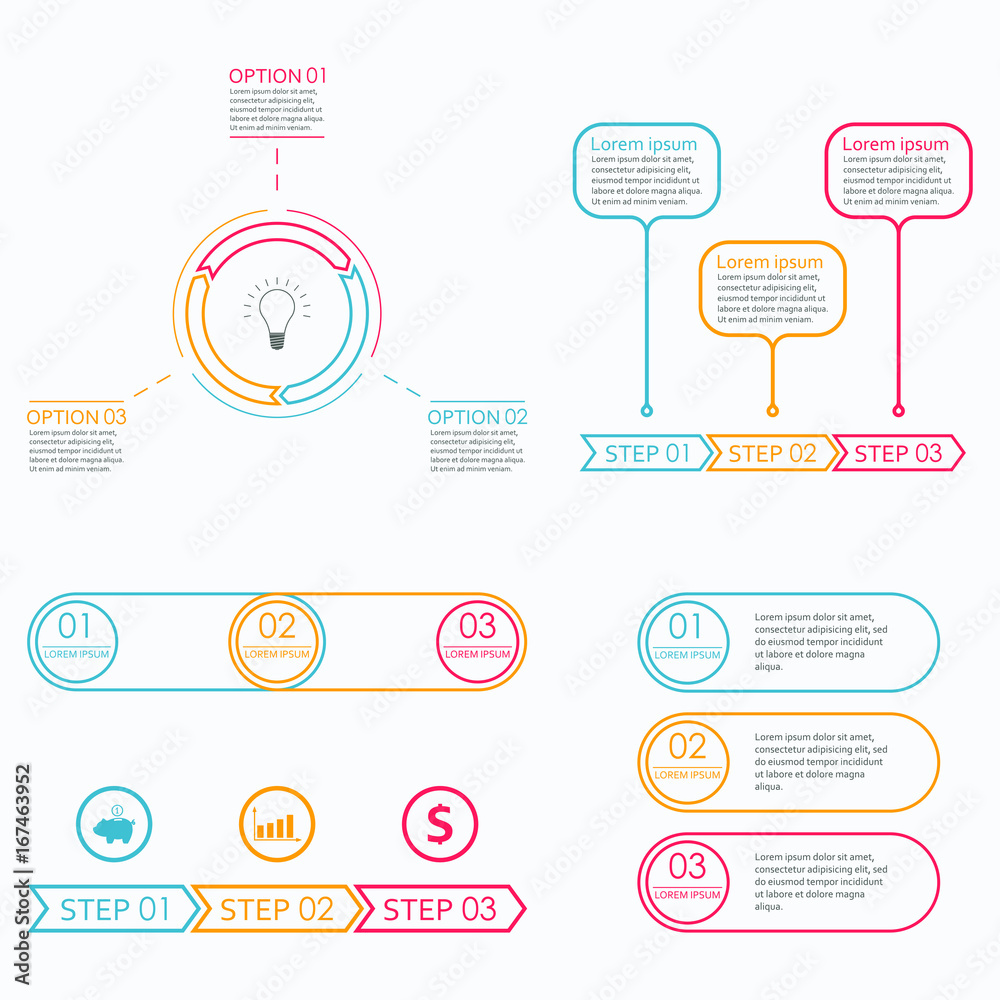 Fototapeta premium Step by step infographics set. 3 steps, options or levels. Outline infographics template. Vector illustration.