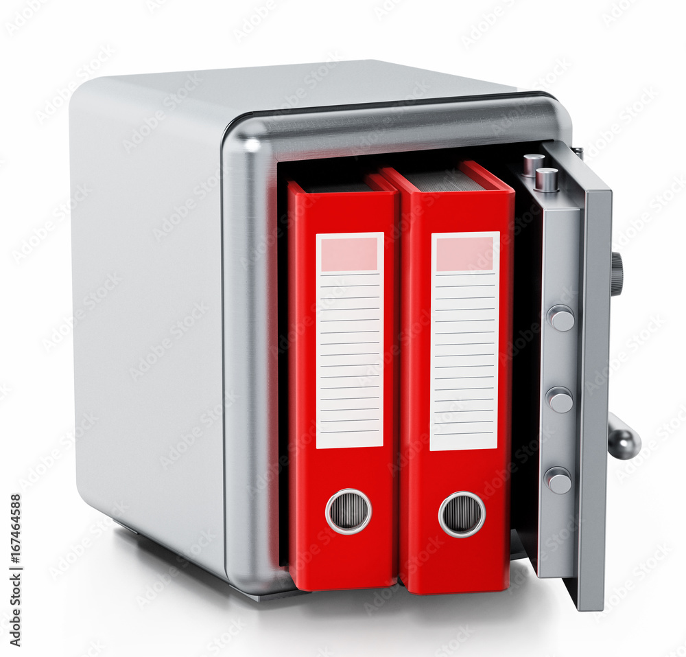 Red folders inside steel safe isolated on white background. 3D illustration Red folders inside steel safe isolated on white background. 3D illustration