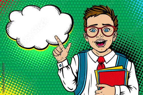 Wow face. Cute surprised school boy in glasses with open mouth with backpack holding notebooks points on empty speech bubble. Vector illustration in retro pop art comic style. Back to school poster.