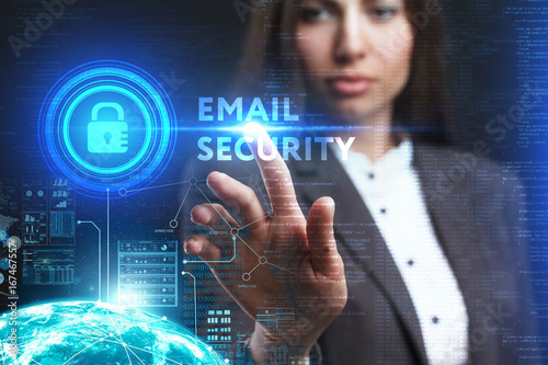 The concept of business, technology, the Internet and the network. A young entrepreneur working on a virtual screen of the future and sees the inscription: Email security