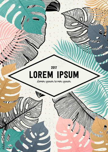 Vintage elegant template with summer flowers. Retro style hand-drawn illustra...