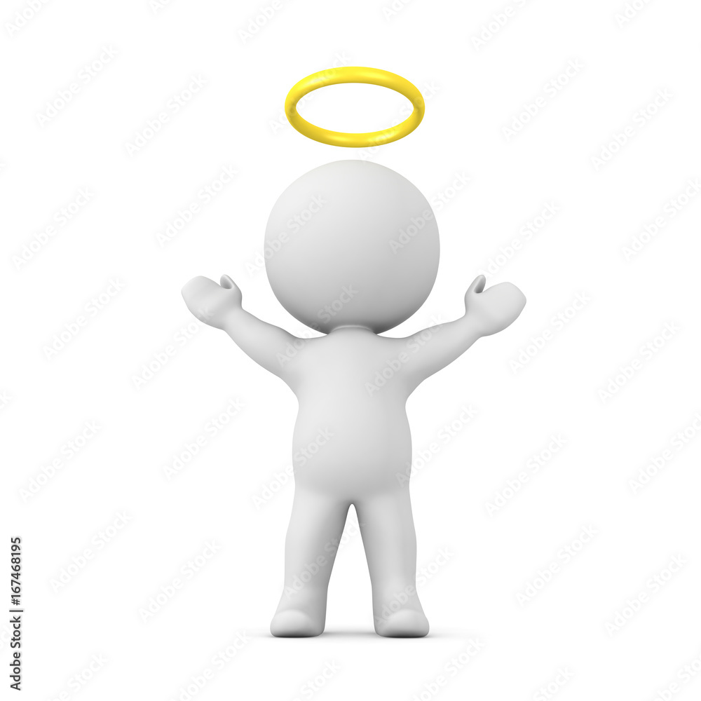 3D Character with a gold halo above his head with his arms raised 3D Character with a gold halo above his head with his arms raised