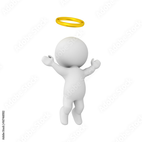 3D Character with golden halo ascending to heaven