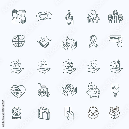 Charity - modern vector line design icons and pictograms set.