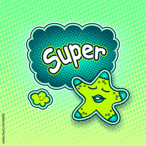 Doodle star in pop art cartoon comic retro style pointing on Speech bubble with halftone and inscription Super for Rating quality product in light green blue colors