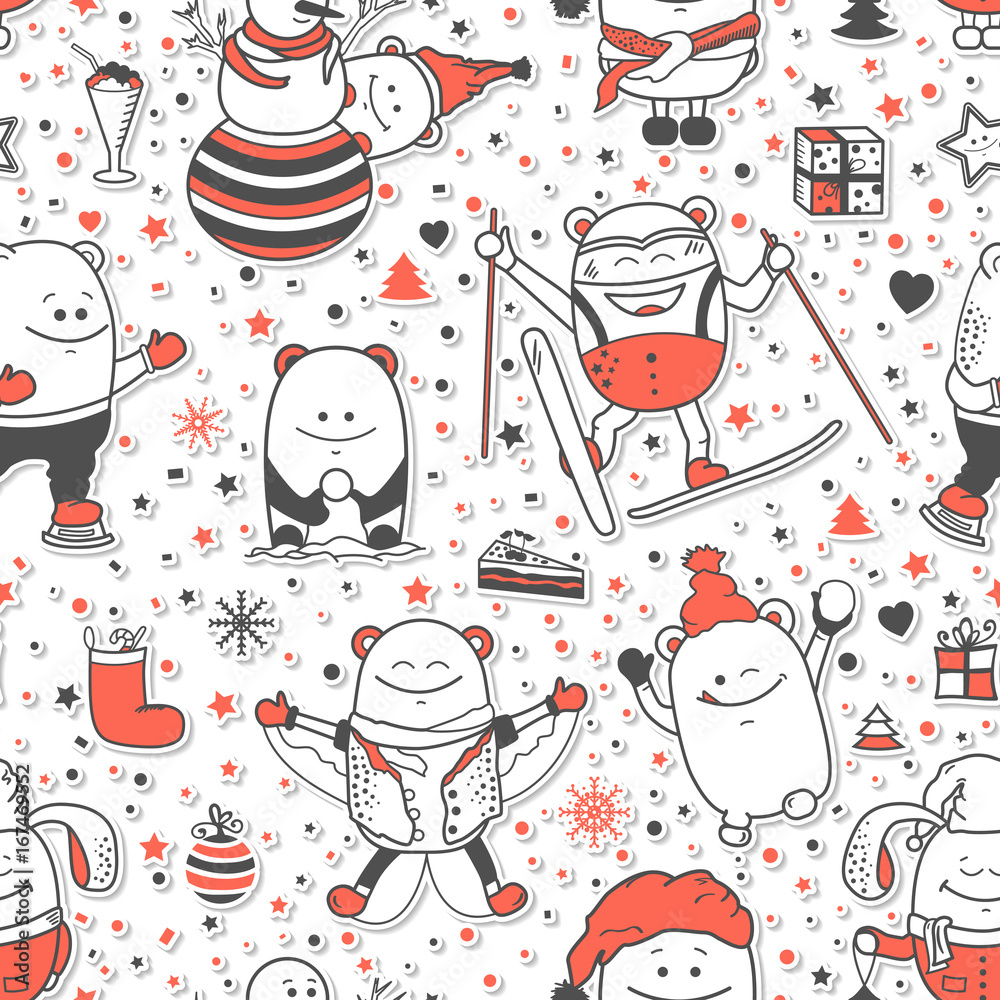 Vector Christmas seamless pattern with funny monsters, personage. Cool colorful hand drawn characters. Cartoon animals, painted doodles, Xmas and winter holidays background. Set of unusual creatures Vector Christmas seamless pattern with funny monsters, personage. Cool colorful hand drawn characters. Cartoon animals, painted doodles, Xmas and winter holidays background. Set of unusual creatures