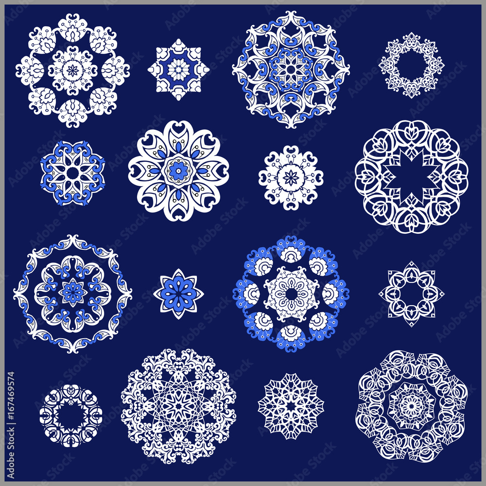 Large set of round ornaments. White mandalas on a blue background. Set for design, logos, wedding, kaleidoscope, medallion. Vector illustration Large set of round ornaments. White mandalas on a blue background. Set for design, logos, wedding, kaleidoscope, medallion. Vector illustration