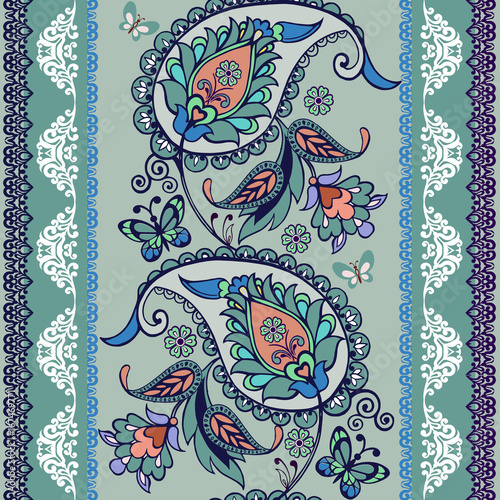 Striped seamless pattern with paisley. Floral wallpape. Decorative ornament for fabric, textile, wrapping paper. Traditional oriental seamless paisley pattern