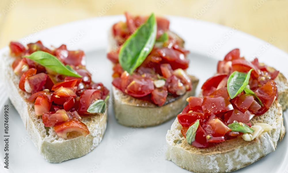 Bruschetta, Pa amb tomaquet, tomato, bread, basil, garlic, olive oil