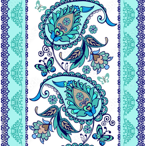 Striped seamless pattern with paisley. Floral wallpaper.Vintage flowers seamless ornament in blue colors. Decorative ornament backdrop for fabric, textile, wrapping paper