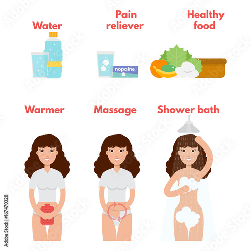 Menstrual pain icons set. Period treatment concept. Vector illustration.