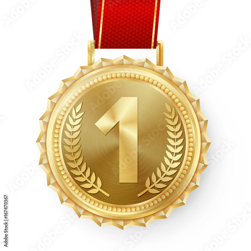 Gold Medal Vector. Golden 1st Place Badge. Sport Game Golden Challenge Award. Red Ribbon. Isolated. Olive Branch. Realistic illustration.