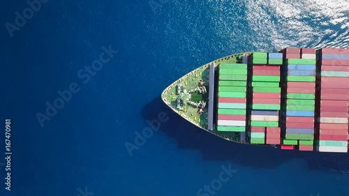 Large container ship at sea - Top down Aerial footage