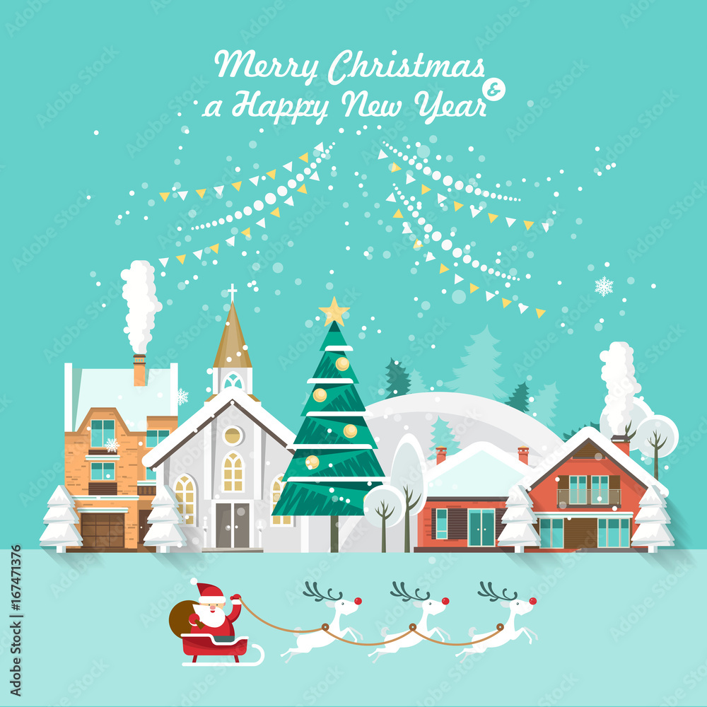 Merry Christmas and a Happy New Year vector greeting card in modern flat design. Christmas town.