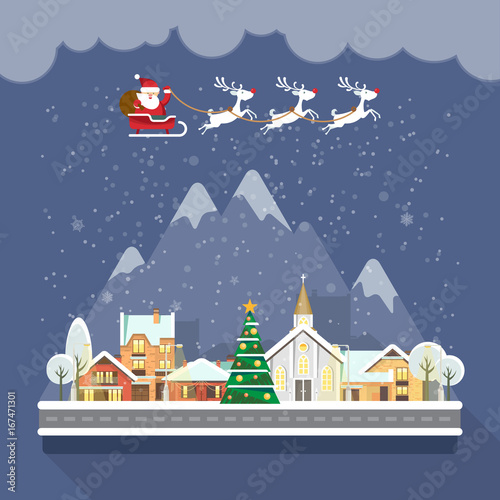 Merry Christmas and a Happy New Year vector greeting card in modern flat design. Christmas town.