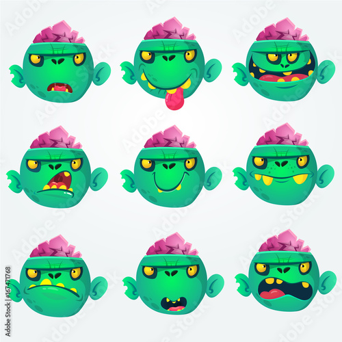 Cute cartoon zombie head scary spooky emotion icons set. Illustrations collection isolated on white background. Halloween avatars and mask simple gradient. Vector.