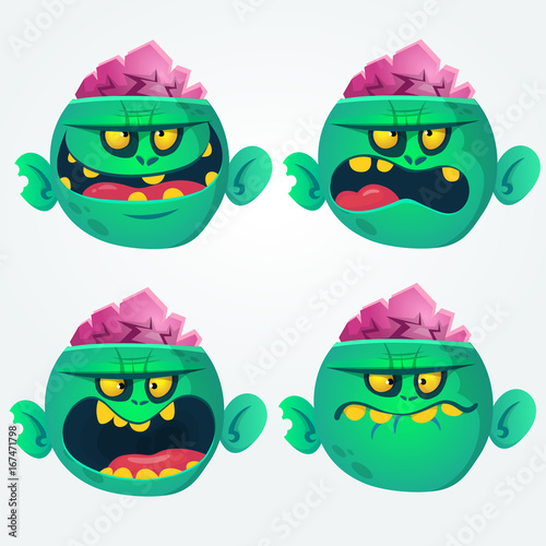 Vector set of four cartoon images of funny green zombies big heads with different actions and emotions on a white background