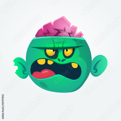 Funny and cool green zombie cartoon. Halloween character. Vector illustration