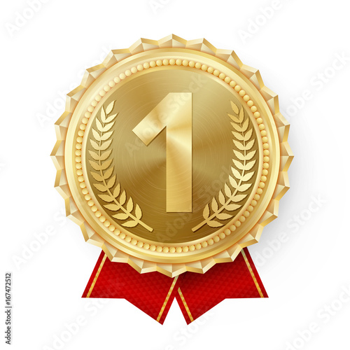 Gold Medal Vector. Golden 1st Place Badge. Sport Game Golden Challenge Award. Red Ribbon. Isolated. Olive Branch. Realistic illustration.
