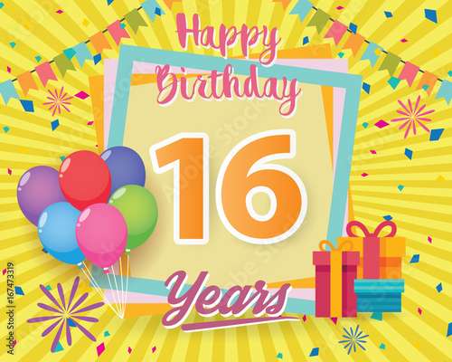 color full 16 th birthday celebration greeting card design vector, birthday party poster background with balloon, gift box and confetti. sixteen anniversary celebrations