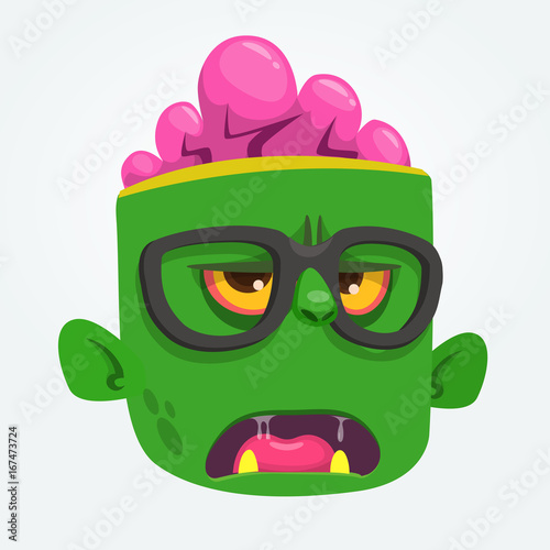 Cartoon zombie face wearing eyeglasses cartoon. Zombi nerd. Halloween vector illustration