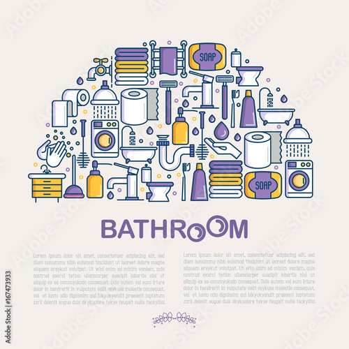 Bathroom equipment concept in half circle with thin line icons. Hygiene, purity, beauty, plumber related icons. Vector illustration for banner, web page, print media.