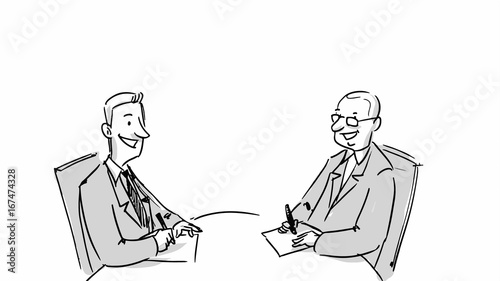Two man at a round table talking business. Vector sketch for cartoon  storyboard  projects