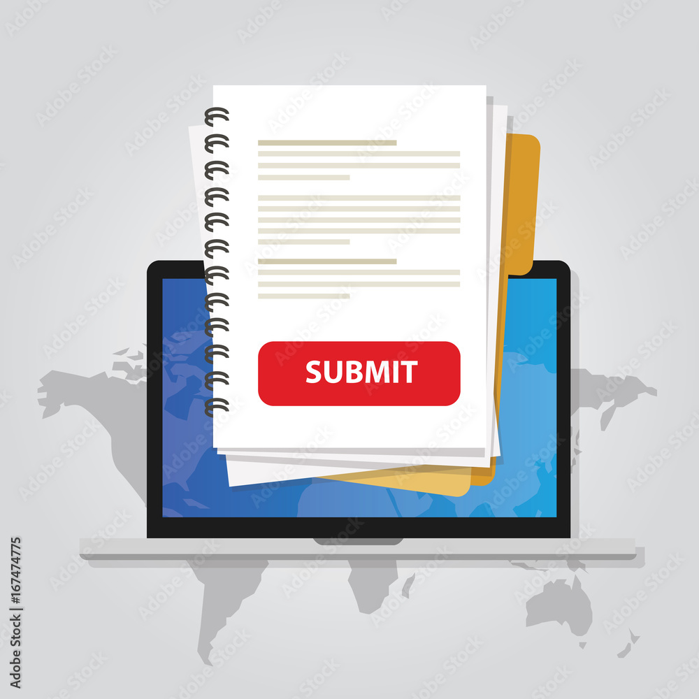 Φωτογραφία submit document online via laptop with red button via internet upload applicatio