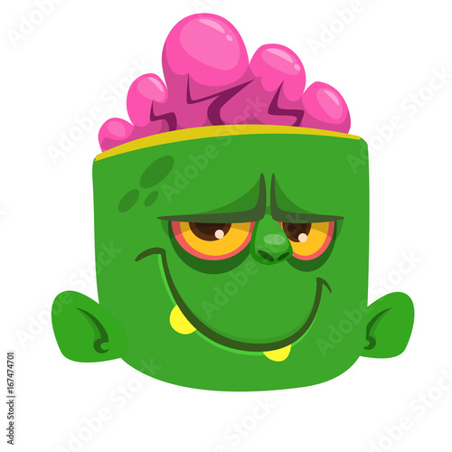 Green zombie's head with brains. Isolated on white background.