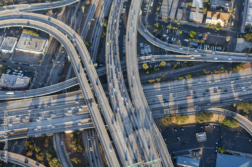 Aerial view of Harbor 110 and Santa Monica 10 freeway interchange in downtown Los Angeles, California.  