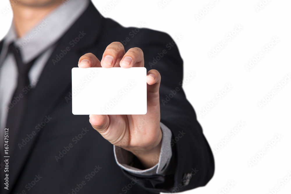 A Businessman showing his name card with space for copy.