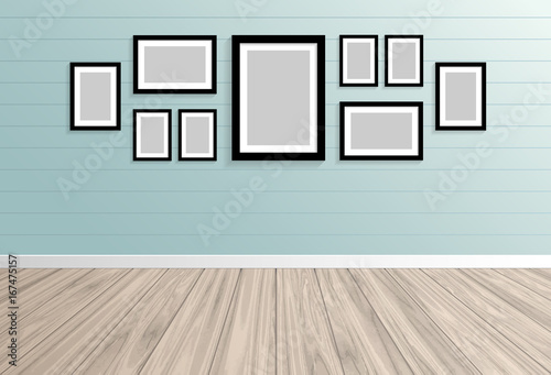 wood terrace with pastel wall and photo frame