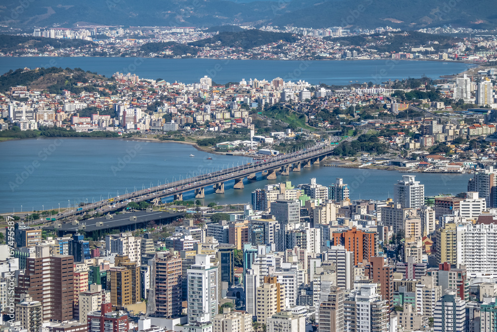 Aerial view of Dowtown Florianopolis City and Pedro Ivo Campos Bridge - Florianopolis, Santa Catarina, Brazia