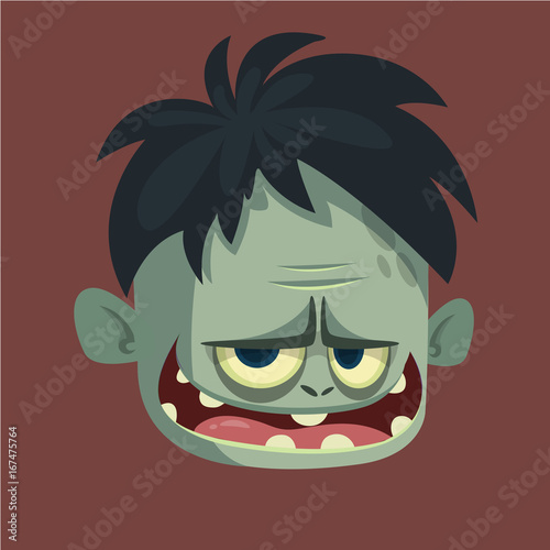 Vector cartoon image of a funny gray zombie with big head frightening someone on a dark background. Apocalypse; dead; halloween.