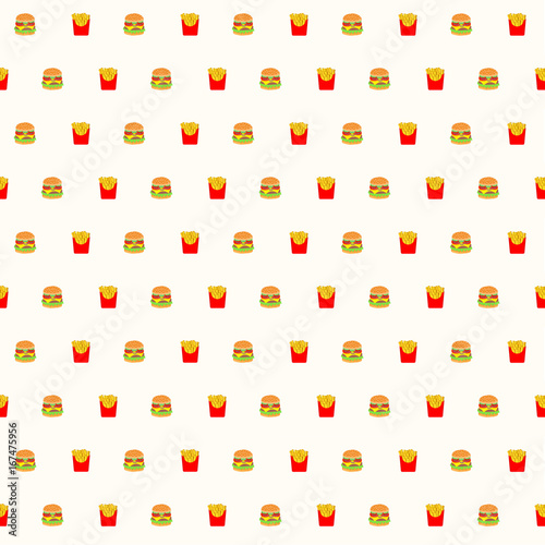 fast food, hamburger and french fries seamless pattern background. Vector illustration, eps 10
