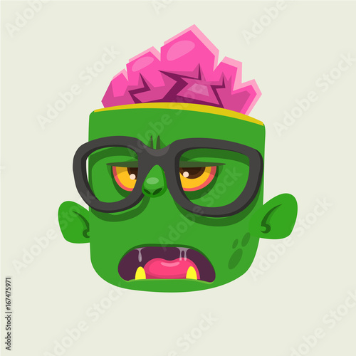 Cartoon zombie face wearing eyeglasses cartoon. Zombi nerd. Halloween vector illustration