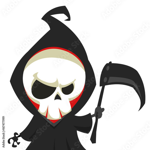 Cute cartoon grim reaper with scythe isolated on white. Vector illustration