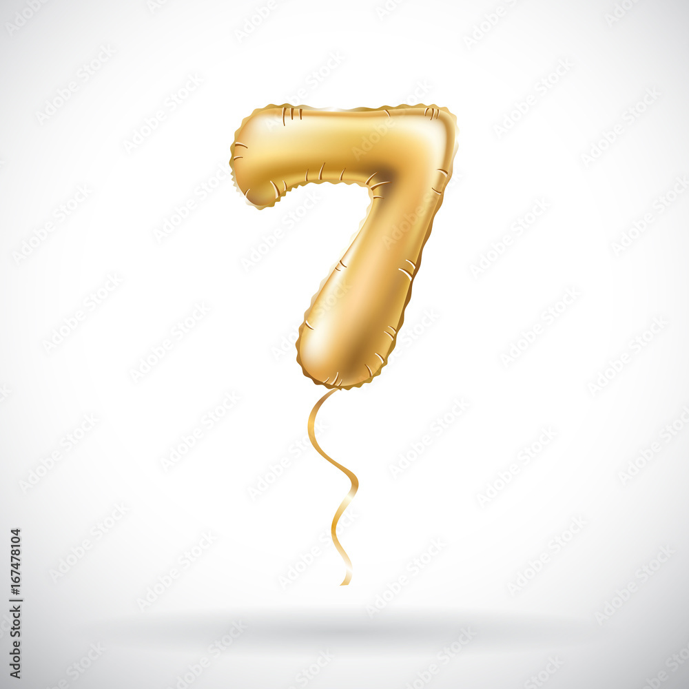 vector Golden number 7 seven metallic balloon. Party decoration golden balloons. Anniversary sign for happy holiday, celebration, birthday, carnival, new year. - obrazy, fototapety, plakaty 