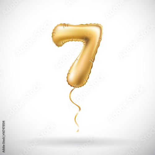 vector Golden number 7 seven metallic balloon. Party decoration golden balloons. Anniversary sign for happy holiday, celebration, birthday, carnival, new year.