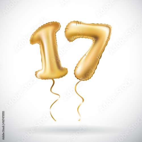 vector Golden number 17 seventeen metallic balloon. Party decoration golden balloons. Anniversary sign for happy holiday, celebration, birthday, carnival, new year.