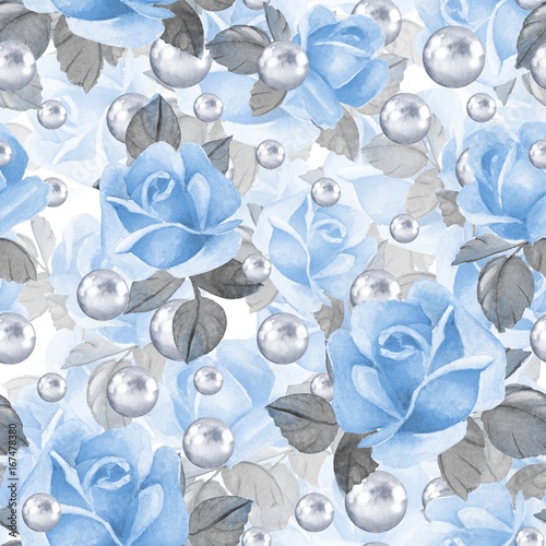 Floral seamless pattern. Watercolor background with blue roses