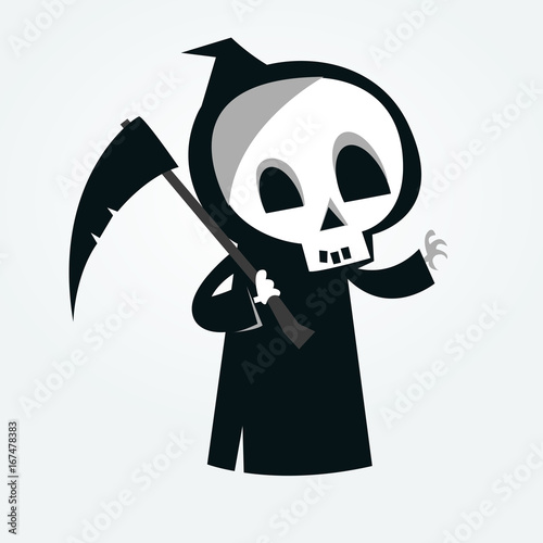 Cute cartoon grim reaper with scythe isolated on white. Vector illustration