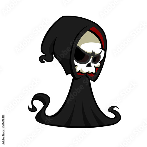 Grim reaper cartoon character  isolated on a white background. Cute death character in black hood