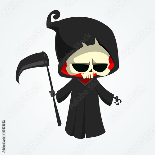 Grim reaper cartoon character with scythe isolated on a white background. Cute death character in black hood