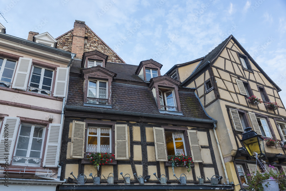 Typical architecture of residential buildings in the city of Colmar, in the French Alsace region.