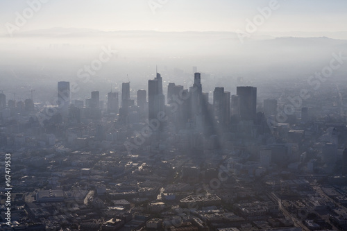 Aerial view of thick summer smog in urban downtown Los Angeles, California.