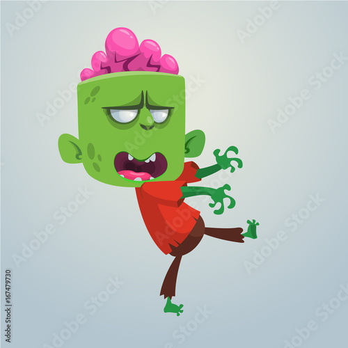 Vector cartoon image of a funny green zombie with big head in brown pants and a red t-shirt walking to the right on a light gray background. Vector illustration.